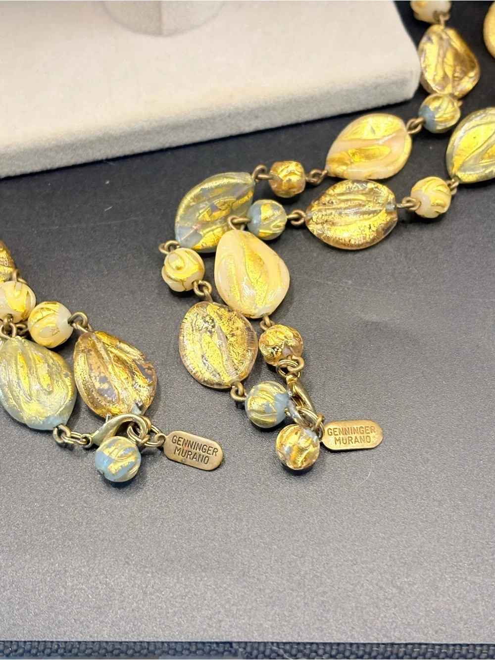 Genninger Murano Glass Necklace Bracelet Earrings Set Gold Foil Flower